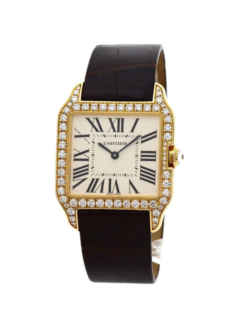 Cartier Santos Dumont LM Diamond Bezel Watch 18k Yellow Gold Leather